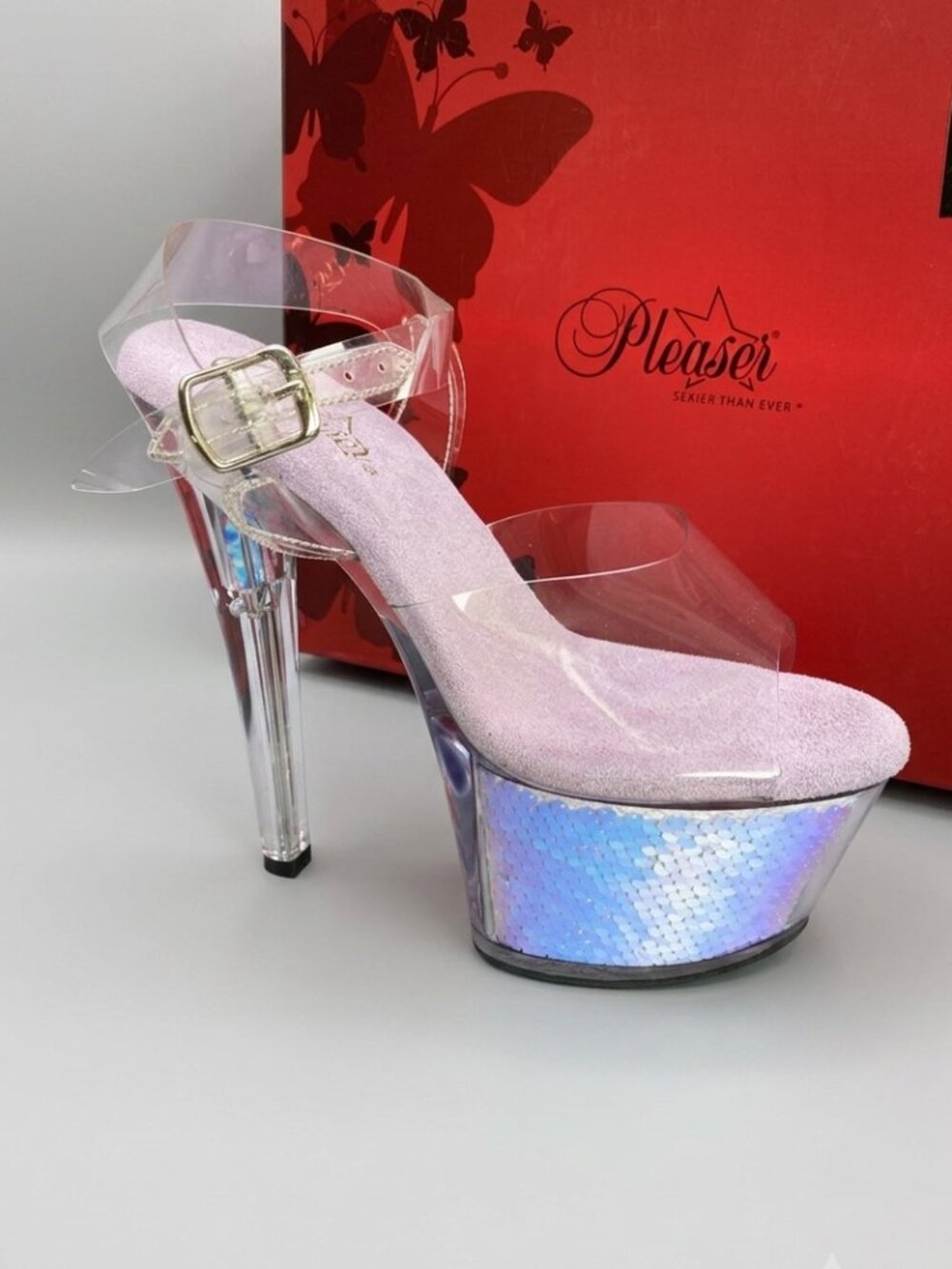 NIB Pleaser SKY 308MC Clear Iridescent Mermaid Sequin Platform Heels Sz 9